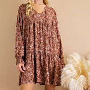 Floral Soft Neutral Brown Baby Doll Tiered Dress